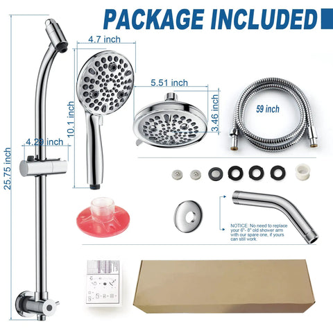 High Pressure Shower Head Combo With 82 Modes 3 Way Handheld And Showerhead 25.75 Inch Adjustable Drill Free Stainless Steel Slide Bar