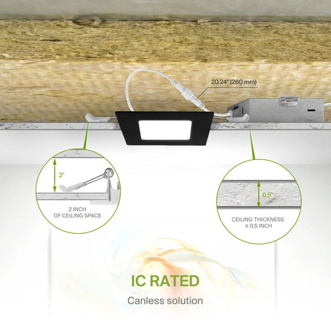 Diagram of 12 Pack LED Square Recessed Ceiling Lights 4 Inch Ultra Slim Canless Wafer Downlights showing installation details.