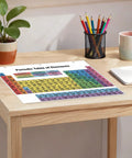 Double-Sided Laminated Periodic Table Chart For Classrooms And Homeschooling on a desk with color-coded elements displayed.