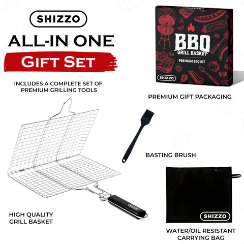 Shallow Grill Basket Set For Outdoor Grilling Stainless Steel Folding Portable BBQ Rack With Skewers Basting Brush And Carry Case