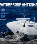 16 Inch AM FM Universal Top And Side Mount Antenna on boat, waterproof feature displayed, includes mount base for stereo receiver