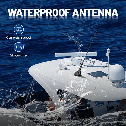 16 Inch AM FM Universal Top And Side Mount Antenna on boat, waterproof feature displayed, includes mount base for stereo receiver