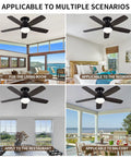 52 Inch Flush Mount Ceiling Fan With Remote And Dimmable Lights In Matte Black Five Reversible Blades In Amrilo Or Walnut.