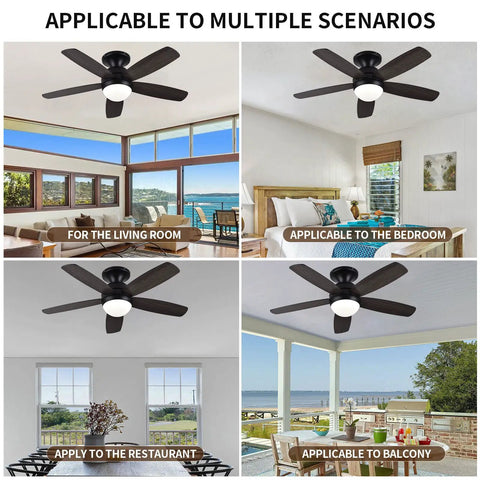 52 Inch Flush Mount Ceiling Fan With Remote And Dimmable Lights In Matte Black Five Reversible Blades In Amrilo Or Walnut.