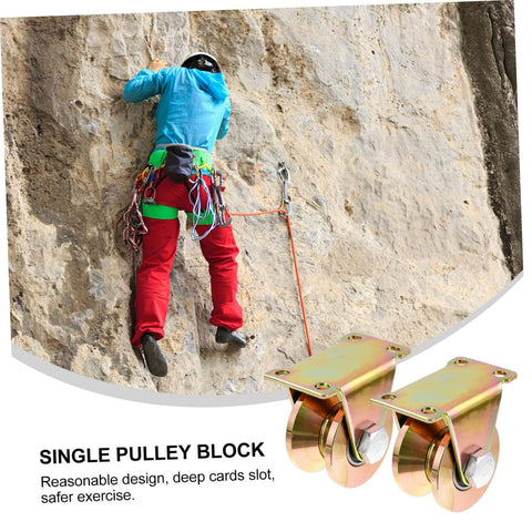 Climber ascending rock face with harness, beside 16pcs Steel Pulley Block Set For Heavy Duty Sliding Gate Roller Track Wheel.