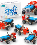Wind Powered Cars Kit For Kids Ages 8 to 12, six wood building crafts cars with propellers and blue body.