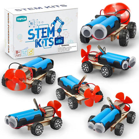 Wind Powered Cars Kit For Kids Ages 8 to 12, six wood building crafts cars with propellers and blue body.