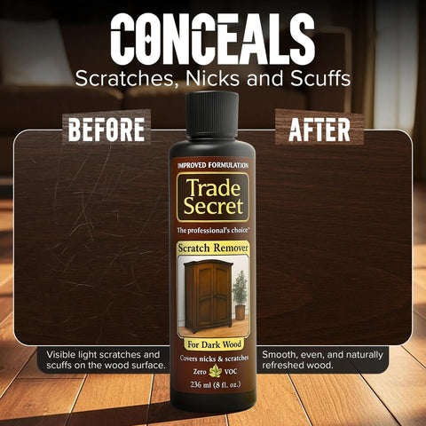 Dark Shade Scratch Concealer For Real Wood Furniture And Floors Covers Nicks And Scuffs Pet Scratches And Minor Defects Restores Rich Finish On Natural Wood Only bottle with before and after scratched wood surface