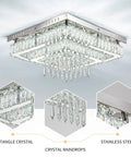 16 Inch LED Chandelier Square Crystal Flush Mount Ceiling Light Fixture with two-tier crystal rings and raindrops.