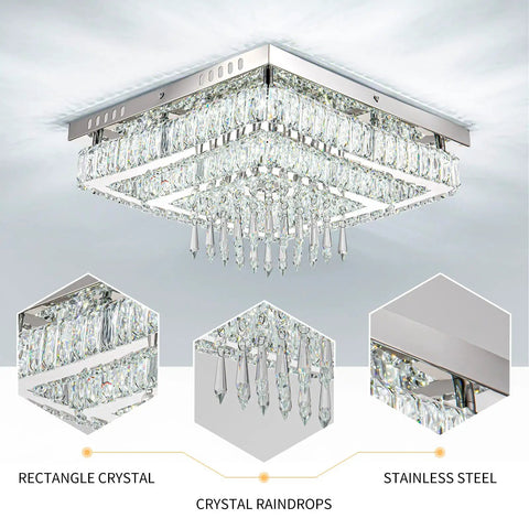 16 Inch LED Chandelier Square Crystal Flush Mount Ceiling Light Fixture with two-tier crystal rings and raindrops.