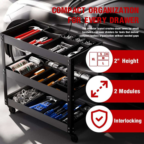 16 Piece Small Parts Tool Box Organizer Trays Set for tool box drawer storage, shown in garage workbench with tools and screws.
