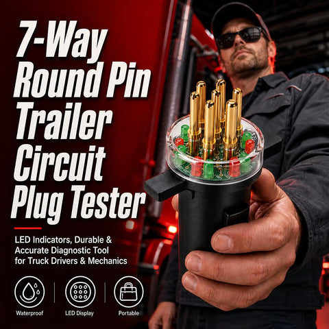 7 Way Round Pin Trailer Plug Tester With LED Indicators Replaces 7865L For Trucks And Trailers in mechanic's hand