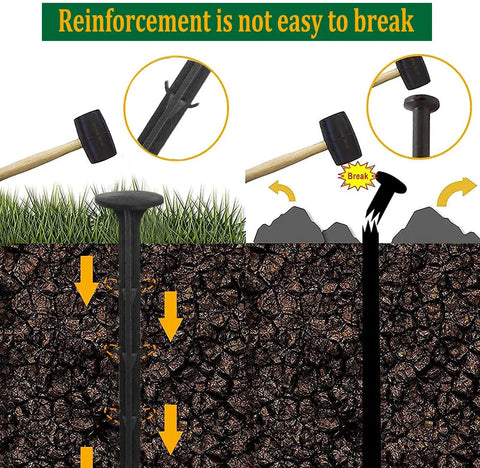 Illustration of 80 Pack Plastic Lawn Stakes Six Inch Ground Anchors Spikes Heavy Duty in soil showing durability with hammer use.