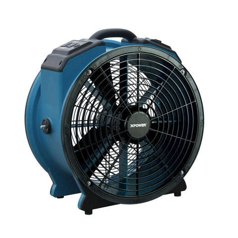 Real Heavy Lifter One Third Hp Sealed Motor Axial Air Mover Fan With Snappy Variable Speed Switch And Three Hour Timer Blue, side view of air mover.