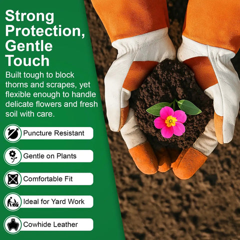 Long Sleeve Leather Gardening Gloves For Women And Men, Thornproof Puncture Resistant Cowhide Work Gloves, holding flower pot