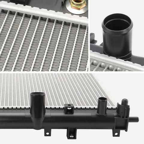 Premium Aftermarket Radiator For Complete Engine Cooling System Heavy Duty Replacement Part Built Tough With Straight Swap Installation and Dependable Daily Running Performance with black plastic fittings.