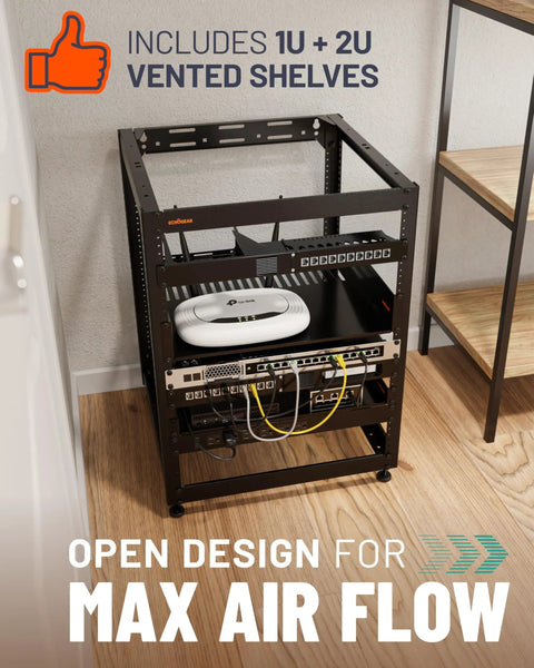 15U Open Frame Server Rack With Wall Mountable Design Including Vented Shelves, 25 Rack Screws, Four Leveling Feet, Shelf Stops