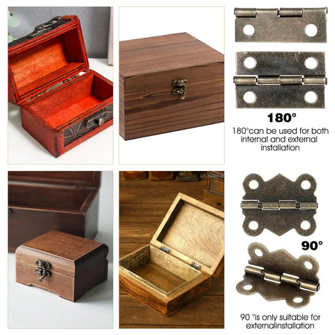Retro Jewelry Box Hardware Kit 108 Pieces With Antique Brass Hinges And Latches, shown on various wooden boxes with hinges detail