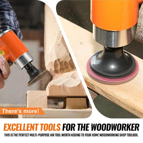 2 Inch Pneumatic Mini Orbital Sander Kit With 2 In 1 Air Right Angle Grinder Polisher Surface Prep Tool in use on wood