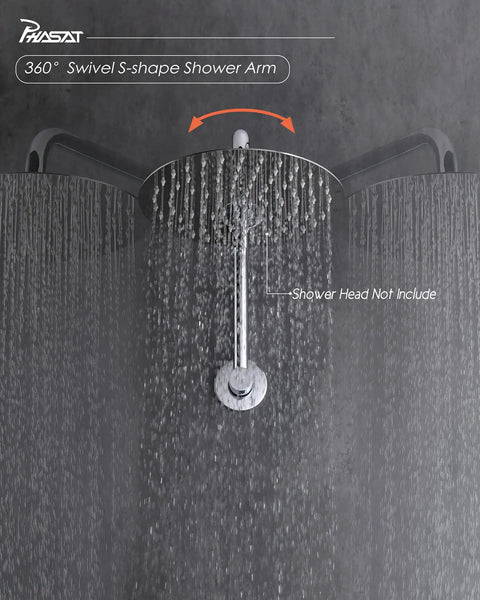 S Shaped Shower Arm Extension With Flange, High Rise 9 Inch Lift And 15 Inch Reach, All Metal 304 Stainless Steel, Chrome Finish