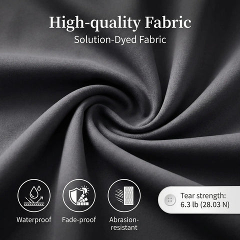 Close-up of high-quality solution-dyed fabric showing waterproof, fade-proof, and abrasion-resistant features