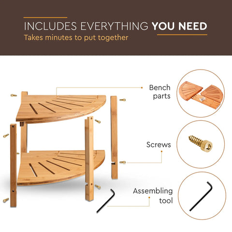 Diagram of Corner Bamboo Shower Bench With Storage Shelf, 2 Tier Wood Seat, Non Slip Feet, showing parts, screws, and tool.