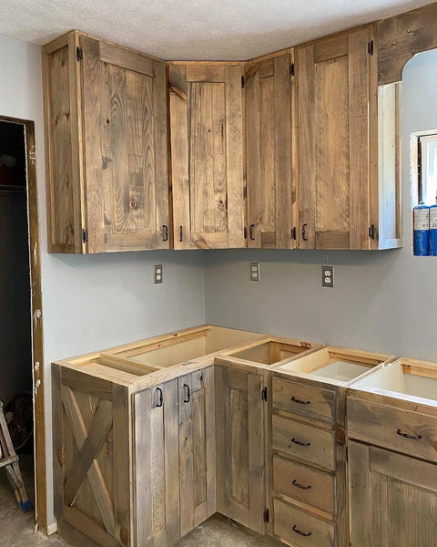 Rusted wood cabinets showing weathered brown and gray patina, made with Legit Rusted Aging Wood Stain Delivers Hella Authentic Weathered Brown And Gray Patina For Floors Cabinets Millwork Doors And Furniture With Voc Free Low Odor.
