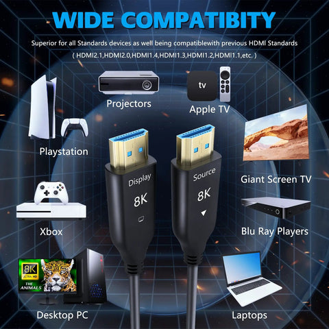 Badass 8K HDMI Fiber Optic Cable 50FT 15M Extended Range Unidirectional Link Ultra High Speed 48Gbps with wide compatibility for devices.