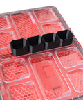 Milwaukee Packout Low Profile Tool Box Organizer Middle Bin Set, 4-count black plastic on red storage system top view.