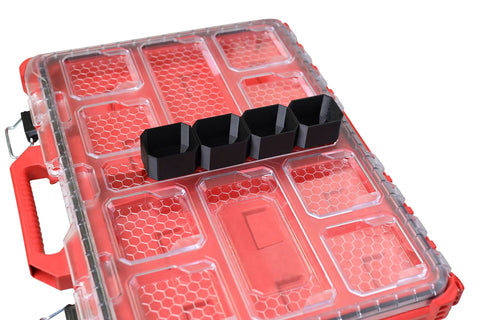 Milwaukee Packout Low Profile Tool Box Organizer Middle Bin Set, 4-count black plastic on red storage system top view.