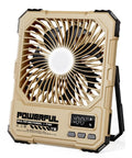 Portable 6 Inch Folding Fan With 20000mAh Battery Built-In Power Bank LED Light in khaki, front view with display.