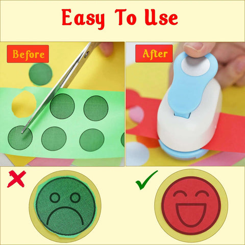 1 Inch Circle Hole Punch Lever Tool For Crafting And Scrapbooking cutting green and red paper with ease, showing before and after results.