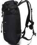 Side view of a black lightweight insulated hydration backpack with 2L or 3L water bladder for hiking, trail running, cycling and race day.