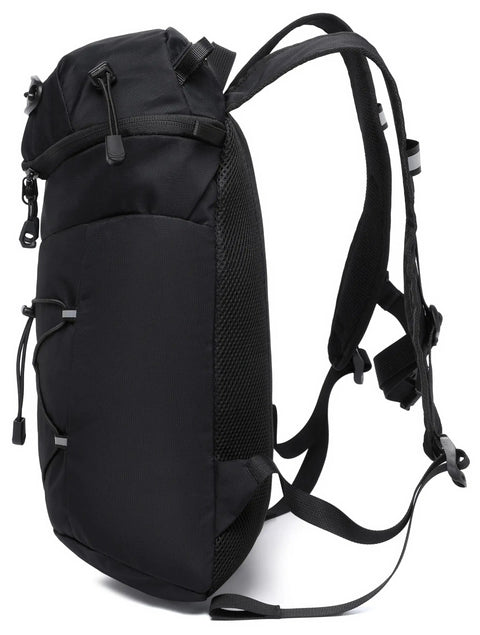 Side view of a black lightweight insulated hydration backpack with 2L or 3L water bladder for hiking, trail running, cycling and race day.
