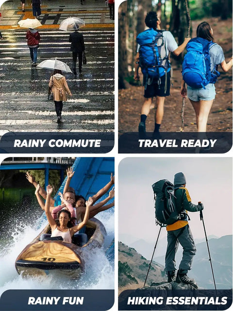 Unisex Lightweight Waterproof Hooded Rain Poncho With Zipper Front Pockets And Packable Design For Men And Women shown in various activities