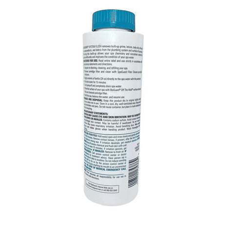 Back of 24 oz Clean Flush Formula bottle, shows instructions and text details for System Flush for Spa and Hot Tub Lines Removes Hidden Buildup