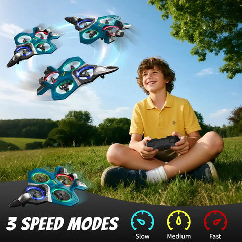 Boy flying remote control airplane with three batteries in a park, showcasing 3 speed modes, foam RC plane for all ages.