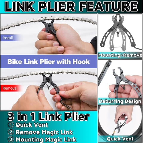 Portable 3 Piece Bicycle Chain Tool Set With Link Pliers Chain Drift Tool And Chain Hook For Quick Repairs On The Go A Complete Bike Repair Kit For Home Or Travel showing link pliers in use.