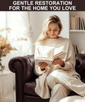 Dark Brown Leather Recoloring Balm And Quick Furniture Repair Kit To Smooth Over Scratches Patch Up Faded Areas And Give Your Couches That Dang Good New Life With Premium Leather Dye For Flawless Comfort, woman reading on brown leather couch.