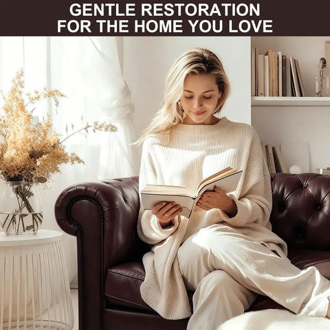 Dark Brown Leather Recoloring Balm And Quick Furniture Repair Kit To Smooth Over Scratches Patch Up Faded Areas And Give Your Couches That Dang Good New Life With Premium Leather Dye For Flawless Comfort, woman reading on brown leather couch.