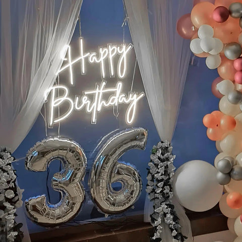 Lit Dimmable Led Neon Sign For Birthday Party Decor Large Wall Art Cold White One Line 23.6 by 11.8 Inches above balloons