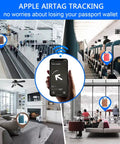 Airport, airplane, and cafe scenes showing Passport Holder With AirTag Slot And RFID Blocking Leather Wallet For Travel tracking capability.
