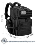 Rugged 45L Tactical Backpack for Men and Women With MOLLE System, black 900D nylon, shown with compartments and flag patch