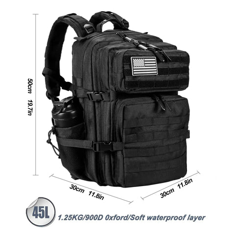 Rugged 45L Tactical Backpack for Men and Women With MOLLE System, black 900D nylon, shown with compartments and flag patch