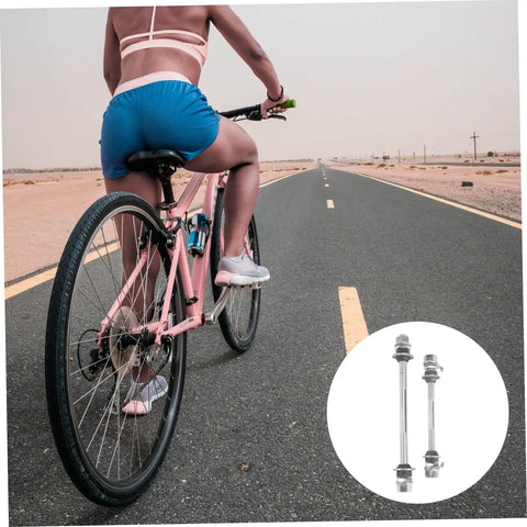 Cyclist on road with inset of Beefy Solid Shaft Rear Hub Axle Tool For Bikes Beefed Up Iron Axle Durable Metal Construction Precision Machining.