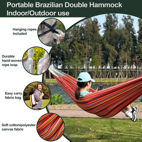 Brazilian Double Hammock With Extra Large 86 By 59 Inches Super Comfy Cotton Polyester Canvas For Patio Backyard Porch Indoor Outdoor Use Heavy Duty 450 Lbs Capacity Portable Stripes in use by a person near a lake.