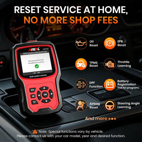 Beefed-Up All-In-One Volkswagen Group OBD2 Scan Tool For Volkswagen Audi Skoda Seat With Battery Registration And EPB Reset OBD11 Code Reader With Full Diagnostics For VAG Cars Up To 2023 Upgraded VD700 displayed on a car dashboard.