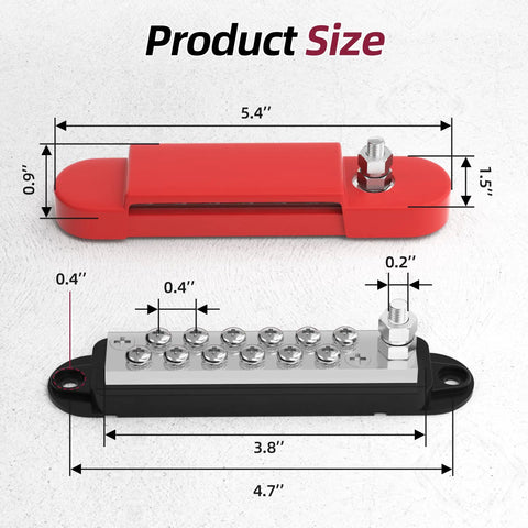 12V 150A Marine Power Distribution Block With One Quarter Inch Stud And M4 Terminal Screws Beefy Heavy Duty DC Battery Bus Bar For Boat Automotive And Solar Wiring, top and side size view