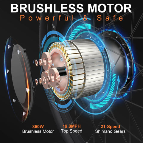 Detailed view of brushless motor showing internal gears, labeled 350W, 19.8 MPH top speed, 21-speed Shimano for All Terrain Electric Mountain Bike For Adults With 26 Inch Wheels 350W Motor Cruising Up To 19.8 MPH 374.4Wh Removable Battery Up To 50 Miles Front Suspension SGS UL 2849 Certified.