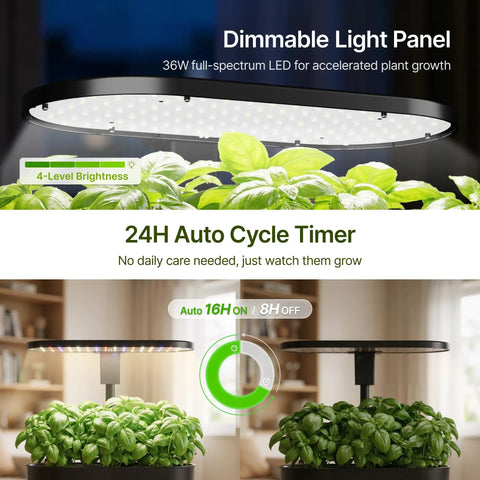 Hydroponic Growing System With Removable Water Tank 36W Dimmable Full Spectrum LED Grow Light showing dimmable light panel